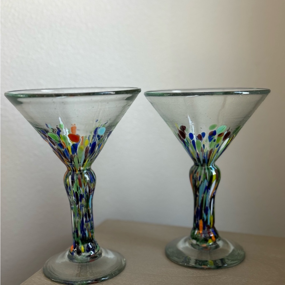 Mexican Hand-blown Confetti Splatter Margarita Martini Glass Pair